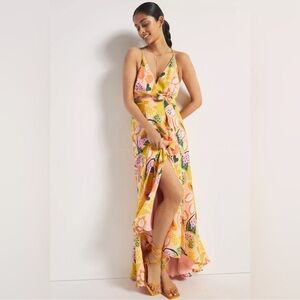 Anthropologie Hutch Pink Mixed Fruit High-Low Wrap Maxi Dress Size Small New